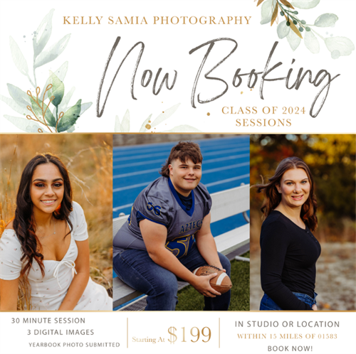 Advertisement for a photographer "now booking" for the class of 2024 at kellysamiaphotography.com